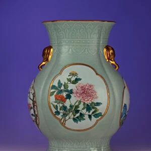 A fine and very rare famille rose celadon-ground vase with a gilt outlined enamel of