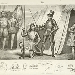 Francis I of France requesting to be knighted by the Chevalier Bayard after victory at the Battle of Marignano, Italy, 1515 (engraving)