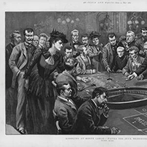 Gambling at a roulette table in the casino of Monte Carlo, Monaco (litho)