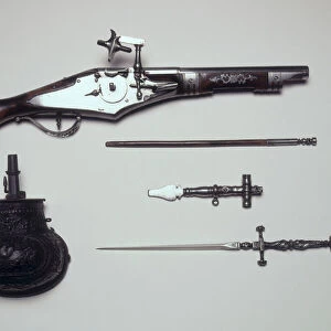 Group of Weapons: Wheellock Pistol, Winding Key, Powder Flask and Stiletto