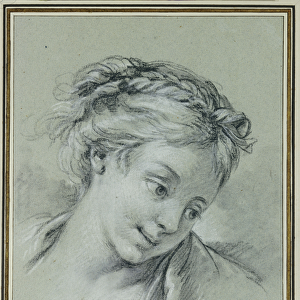 Head of a girl looking down to the right (black & white chalk on blue paper)