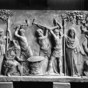 Hephaestus and Cyclopes forging the shield of Achilles (marble) (b / w photo)