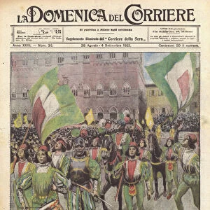 The historical procession of the Palio in Siena (colour litho)