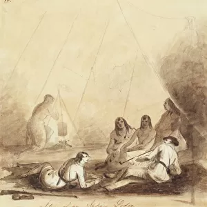 Interior of an Indian Lodge, c. 1837 (pencil, pen and ink and wash on paper)