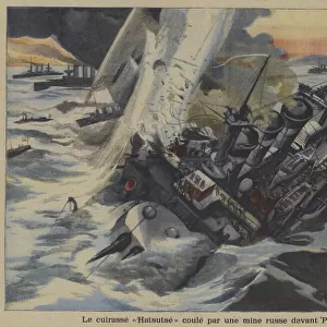 The Japanese battleship Hatsutse sunk by a Russian mine off Port Arthur, Russo-Japanese War (colour litho)