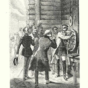 L empereur Nicolas execute le premier essai de la ligne telegraphique de Saint-Petersbourg a Varsovie (engraving)