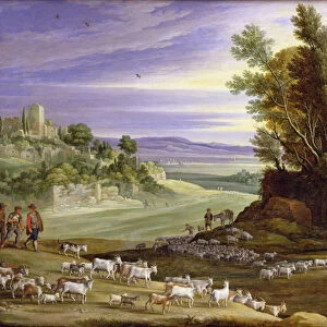 Landscape with Shepherds and the Supper at Emmaus (oil on panel)
