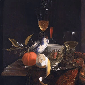 Still Life with Chinese Sugar Jar, Glass Goblet and Fruit (oil on canvas)