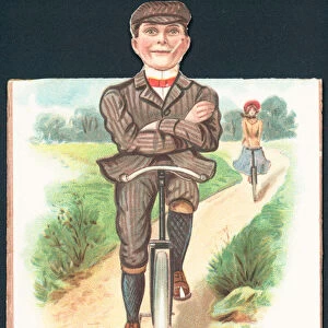 Man and lady cycling down country lane, card (chromolitho)