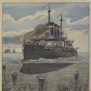 Mines tethered to the seabed off Port Arthur, Russo-Japanese War (colour litho)