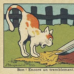 A mole knocks over the cat's bowl when it comes out of the ground. " Good! Another earthquake. ", 1936 (illustration)