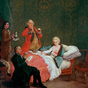 Morning chocolate young woman of the nobility lies in her bed served by three men