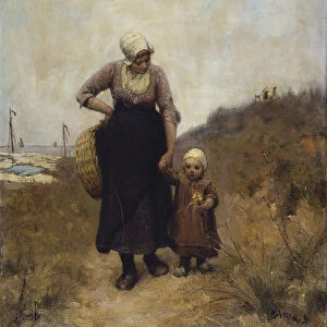 Mother and Child on a Path by the Sea (oil on canvas)