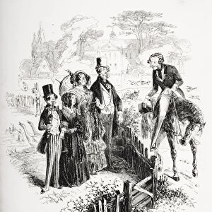 Mr. Carker introduces himself to Florence and the Skettles family, illustration from Dombey