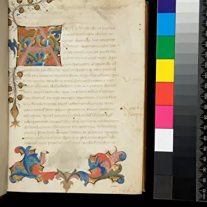 Ms 388. Cicero, Orationes Philippicae, f. 1r. Illuminated letter [A] in red with scrolling vine-stem decoration on a gold ground, with partial spraywork and gold leaf border with a blue bird in the inner margin