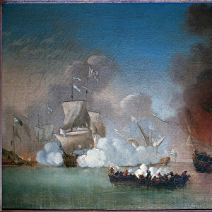 Naval battle between a Portuguese warship and prickly pirate galleys - Painting by Peter