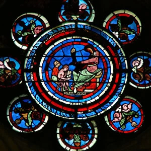 Detail from the north rose window depicting Grammar from the Liberal Arts (stained glass)