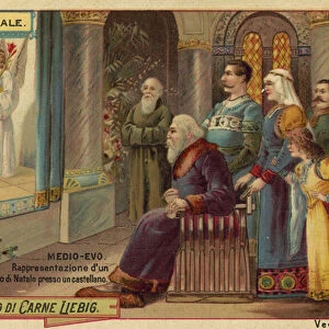 Performance of a Nativity play in a castle in the Middle Ages (chromolitho)
