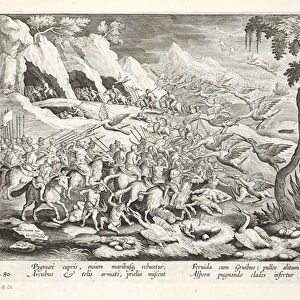 Pygmies on goats hunting Crane, illustration from Venationes, Ferarum, Avium