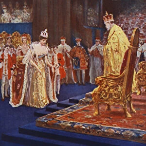 Queen Alexandra bowing to King Edward VII on the way to her throne (colour litho)