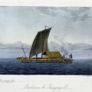 Raft of Puayaquil (Colombia) Sailing raft manufactures in bamboo - in "Le costume ancien et moderne"by Ferrario, ed. Milan, 1819-20
