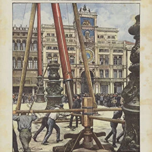 The Raising And Placing In Place Of The New Antennas In St Marks Square, Venice (colour litho)
