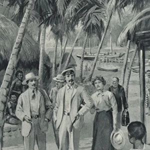 Robert Louis Stevenson and his friends arrive in Samoa (litho)