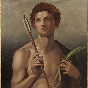 Saint Sebastian with an arrow in his right hand and the martyr