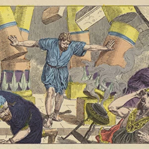 Samson destroying the Temple of the Philistines (colour litho)