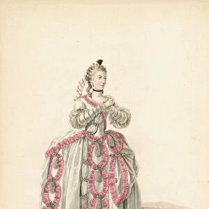 Sophie Arnould, French soprano in the opera Pyramus and Thisbe, 1771. She is depicted in the famous costume from Act V, a mantua dress with hoop petticoats or panniers decorated with frills, pearls and ribbons