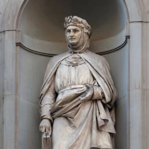 Statue of Giovanni Boccaccio, known as Boccaccio (1313-1375), Italian writer, poet, author of Decameron, Sculpture by Odoardo Fantacchiotti (1811-1877), installed in the Piazzale des Uffizi (piazzale degli Uffizi) in Florence