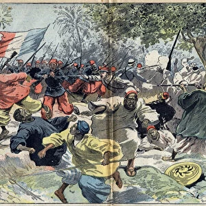 The Sudanese troops of Samory Toure (circa 1835-1900) were placed behind the banks of the Cavalby River by a French colony under Lieutenant Walfel. Sudan, 9 September 1898. Illustration in "Le Pelerin"of October 9, 1898