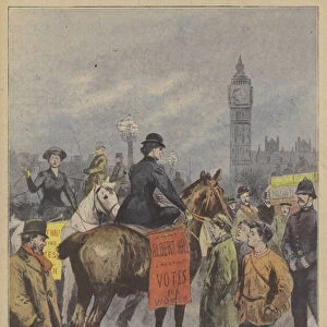 Suffragettes riding through central London on horseback (colour litho)