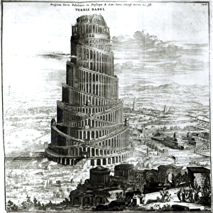 The Tower of Babel, 1679 (engraving) (b / w photo)
