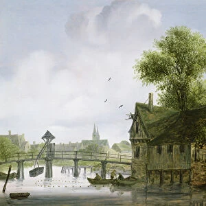 A Town on a river with a bridge (oil on canvas)