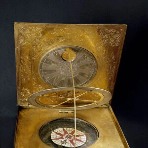 Universal solar clock made of copper, gold brad, glass and paper made in Germany