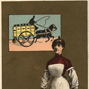 A walking milk merchant (delivery or dairy). Anonymous chromolithography