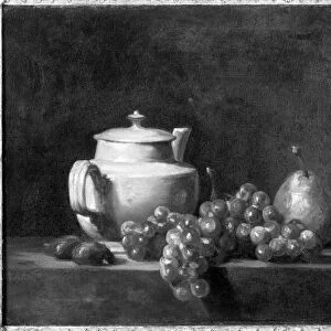 White Teapot with Two Chestnuts, White Grapes and a Pear (oil on canvas) (b / w photo)