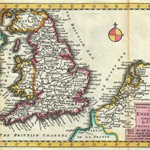 1747, La Feuille Map of England, topography, cartography, geography, land, illustration