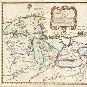 1755, Bellin Map of the Great Lakes, topography, cartography, geography, land, illustration