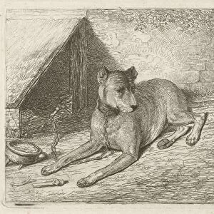 Dog on a chain with a doghouse, Johannes Mock, 1810 - 1884