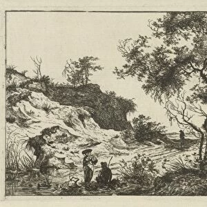 Dune landscape with a large tree, a woman at a pool and a seated man, a man on the track