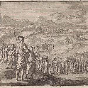 Israelites pass through the dry Jordan, Jan Luyken, Pieter Mortier, 1703 - 1762
