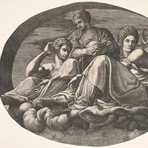 Juno two goddesses reclining clouds child figures