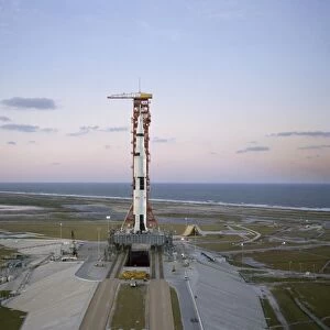 High-angle view of the Apollo 8 spacecraft on the launch pad