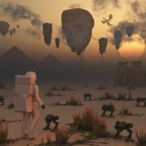 A lone astronaut confronts a surreal scene out of ancient Egypt