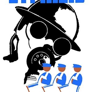 World War II poster of a soldier wearing a gas mask and men in overalls marching