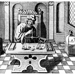 Assayer testing samples of gold and silver, 1683