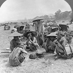 Caravan en route for China camping at Bhamo, Burma, 1908. Artist: Stereo Travel Co