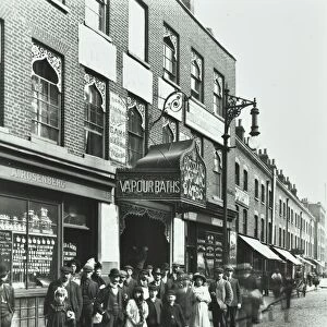 Crowd outside the Russian Vapour Baths, Brick Lane, Stepney, London, 1904